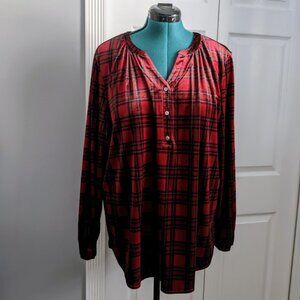 Intro Red Christmas Tartan Plaid Velvet Velour Popover Blouse XL NEW Festive